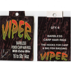 HAIR RIGS SIZE 16 VIPER BARBLESS POWER CARP HAIR RIGS SIZE 16 to 5lb 14oz PACK 6 HOOKS